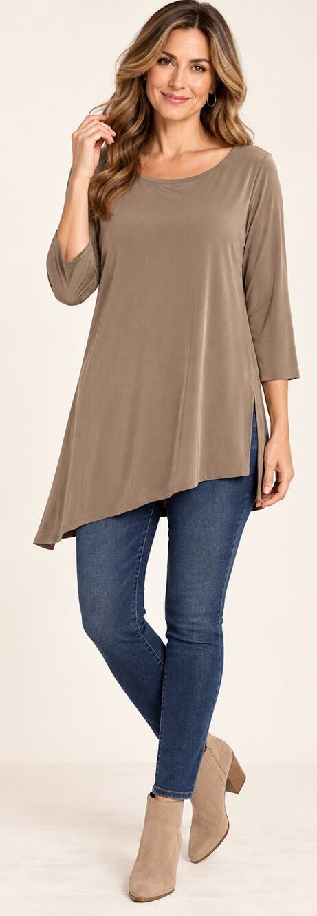 Susan Graver Liquid Knit Asymmetrical Tunic Top Tan Camel L NWOT